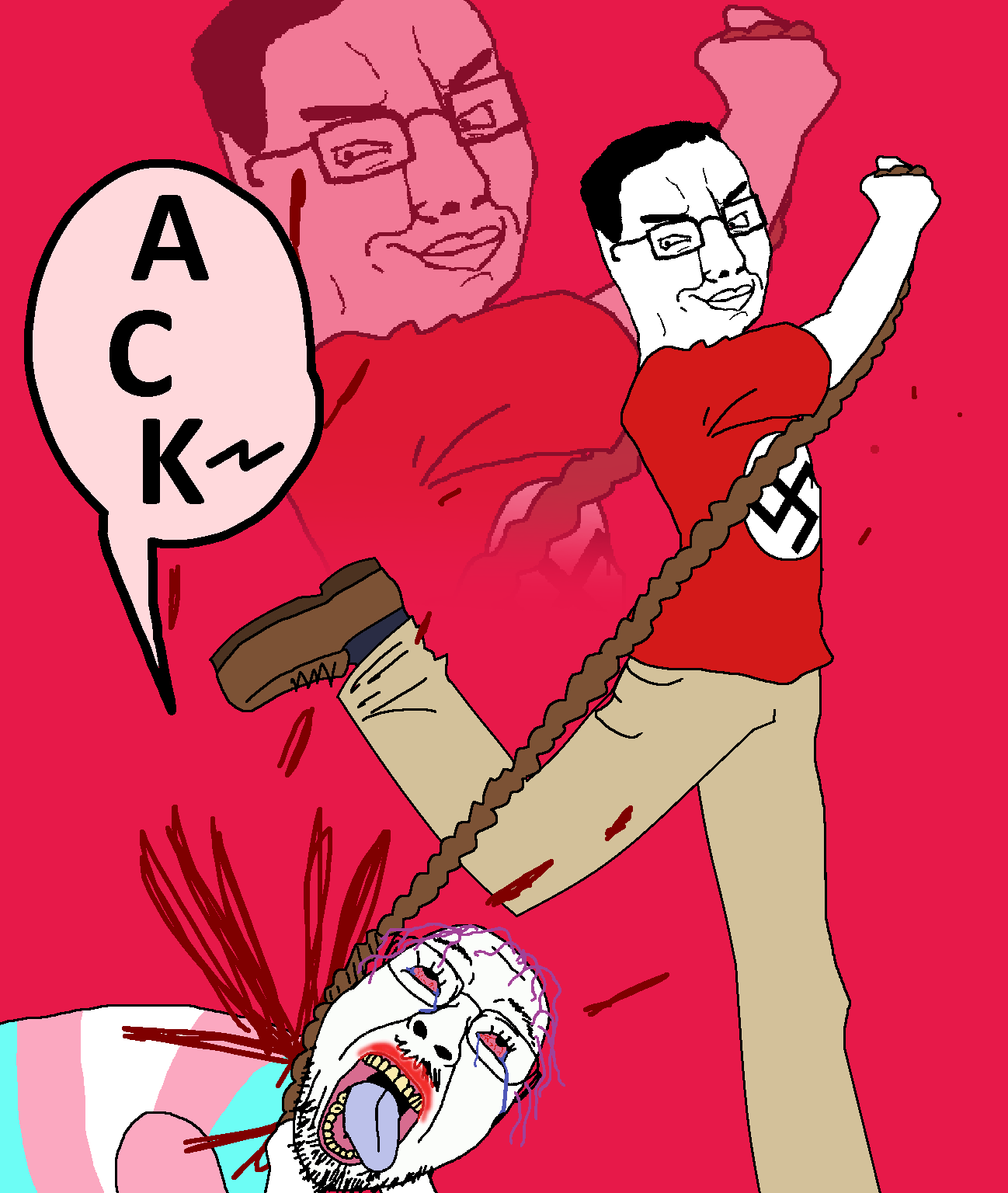 randals strongest warrior, bernd, chudjak, ugly personjak, 2soyjaks, ack, arm, black hair, blood, blue tongue