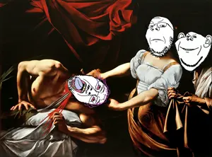 bernd, gapejak, impish soyak ears, wholesome soyjak, 3soyjaks, angry, art, blood, caravaggio, decapitation