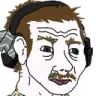 wojak, bossmanjak, brown hair, closed mouth, frown, hair, headphones, looking to the right, mustache, no glasses