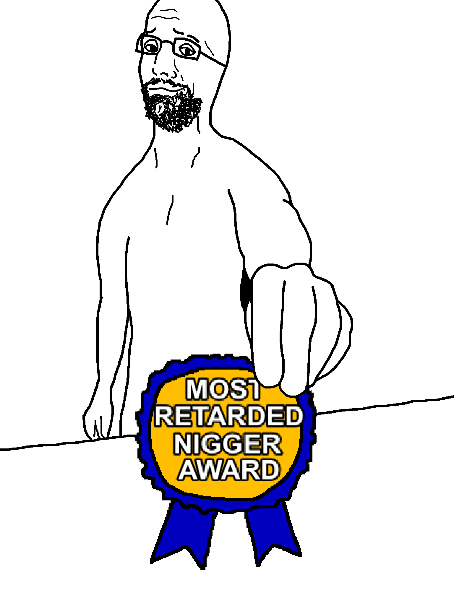 bartender, 1soyjak, award, bald, black eyes, closed mouth, front view, glasses, half body, looking at you