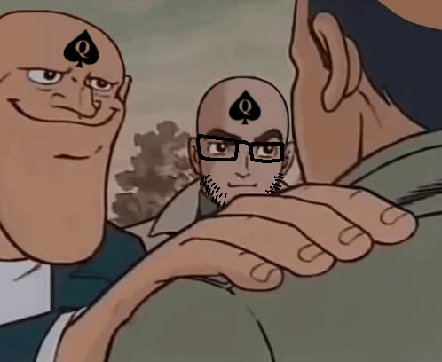 unknown, 3soyjaks, bald, black eyes, closed mouth, drawn background, front view, glasses, hand on shoulder, looking to the right