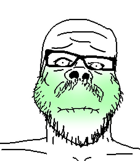 a24 slowburn soyjak, 1soyjak, bald, big cheeks, black eyes, closed mouth, disgusted, front view, glasses, green skin