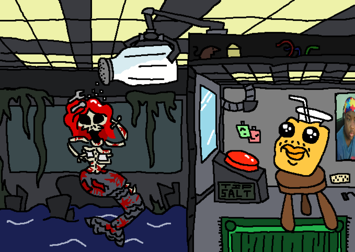 pineapple punch, brandon, 1soyjak, black eyes, button, cheese, closed mouth, darius, drawn background, drinking straw