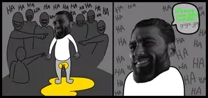 gigachad, 'toss, full body, gray skin, greentext, laughing, no glasses, pee, pointing, smile