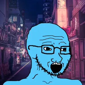 soyak, blue, blue skin, city, glasses, hong kong, open mouth, smile, soyjak, stubble