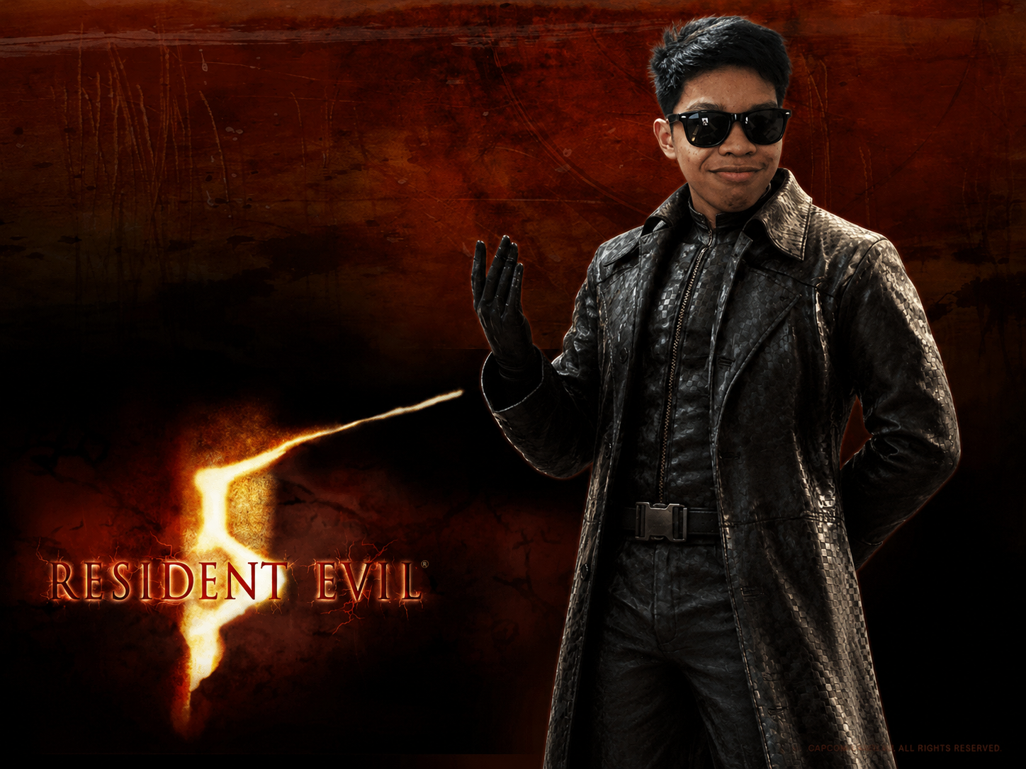 albert wesker, black hair, brown skin, closed mouth, glasses, glove, gloves, glowing text, hair, looking at you