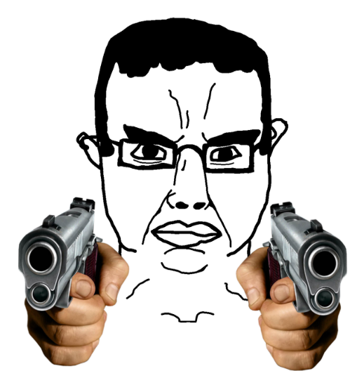 chudjak, chudjak front, 1soyjak, aiming, aiming at viewer, angry, closed mouth, ear, glasses, gun