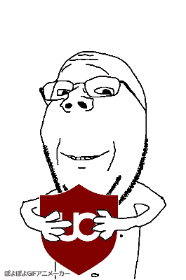 gapejak, wholesome soyjak, 1soyjak, animated, bald, black eyes, front view, glasses, half body, holding object