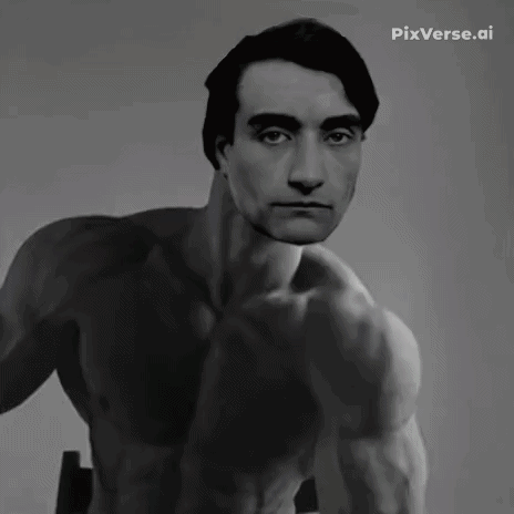 gigachad, accelerationism, animated, antonin artaud, black hair, book, buff, french, front view, gray background