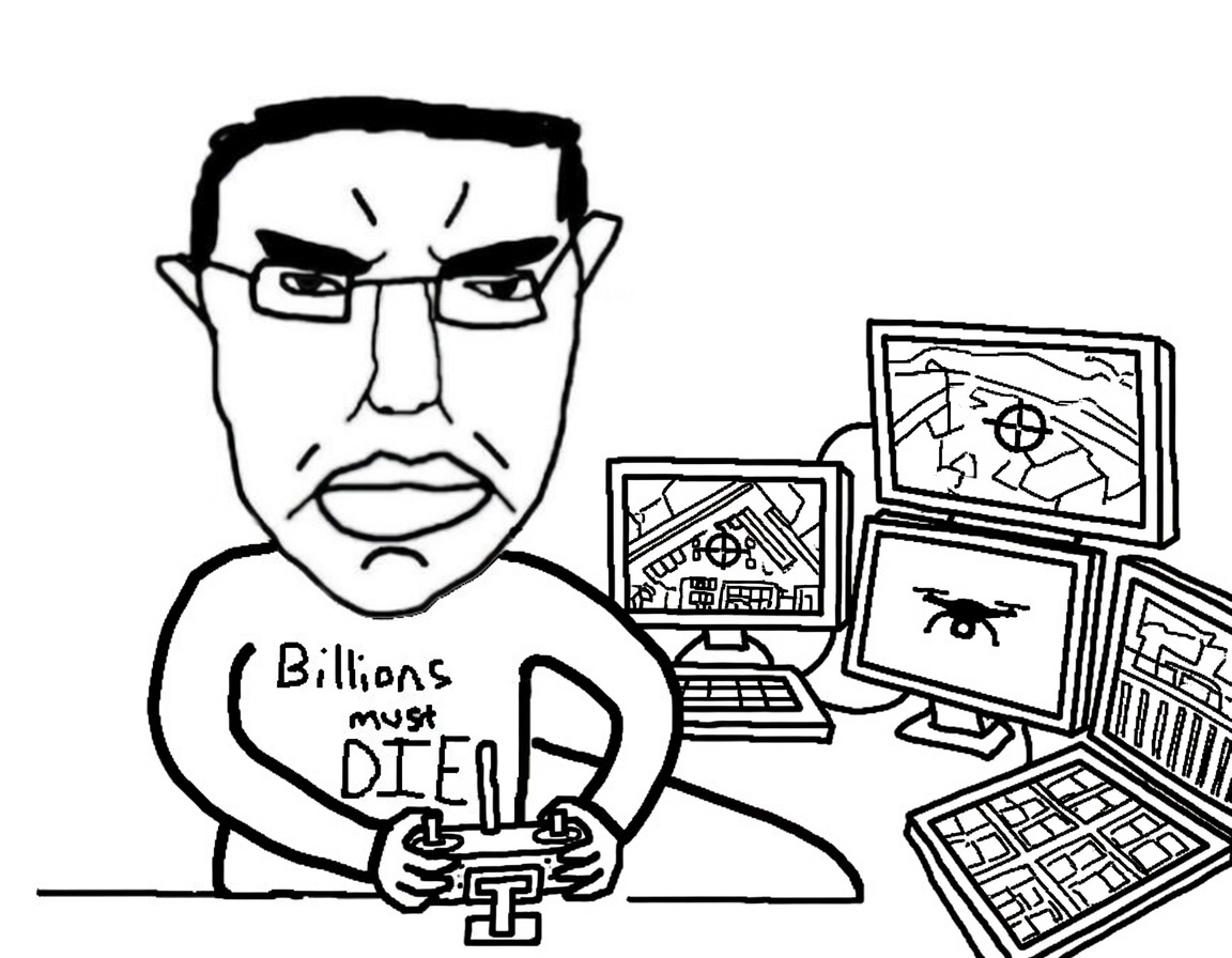 chudjak, pol face, 1soyjak, billions must die, black hair, closed mouth, computer, drone, drone operator, front view