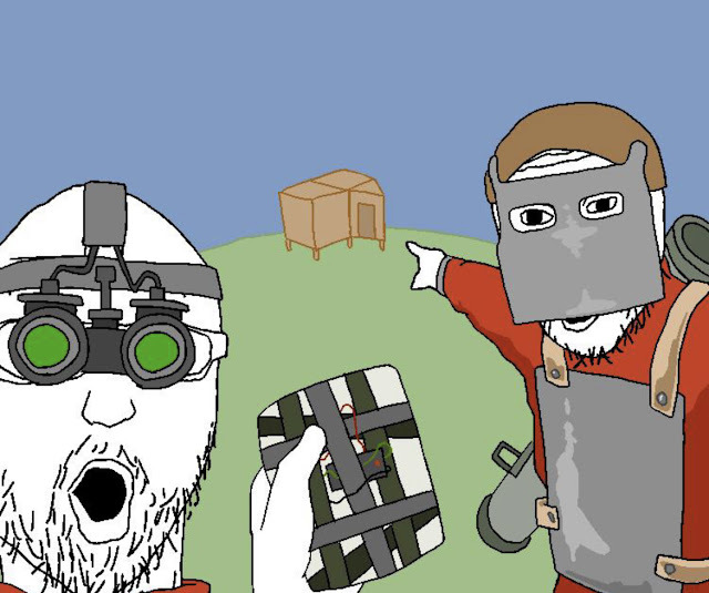 two pointing soyjaks, arm, armor, brown hair, clothes, drawn background, explosive, glasses, gun, hair