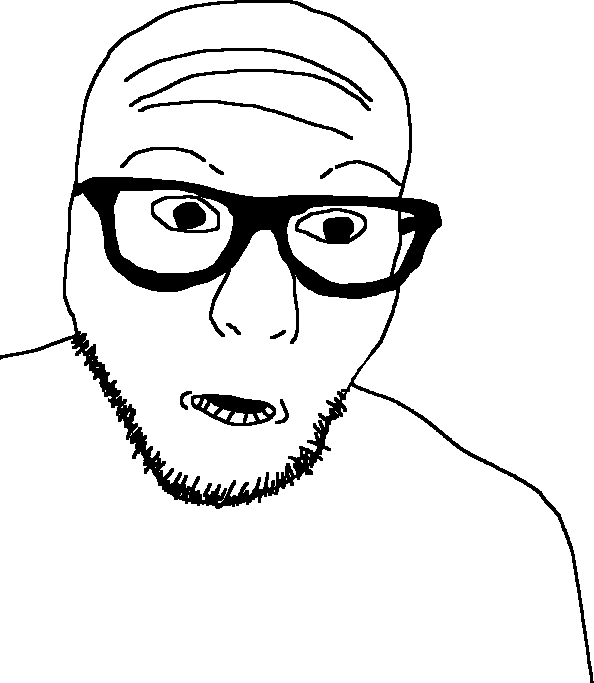 fnaf boy, 1soyjak, bald, black eyes, eyebrows, forehead lines, frown, glasses, half open mouth, looking to the right