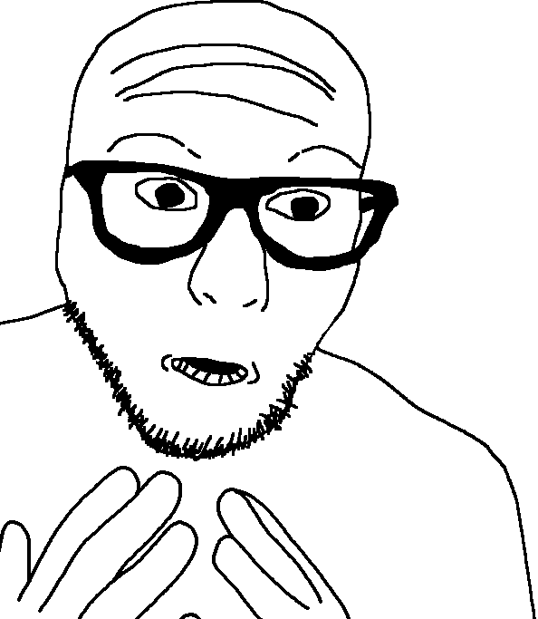 fnaf boy, 1soyjak, bald, black eyes, eyebrows, forehead lines, frown, glasses, half open mouth, hand