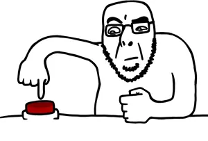 cobson, 1soyjak, bald, black eyes, button, closed mouth, confused, eyebrows, finger, fist