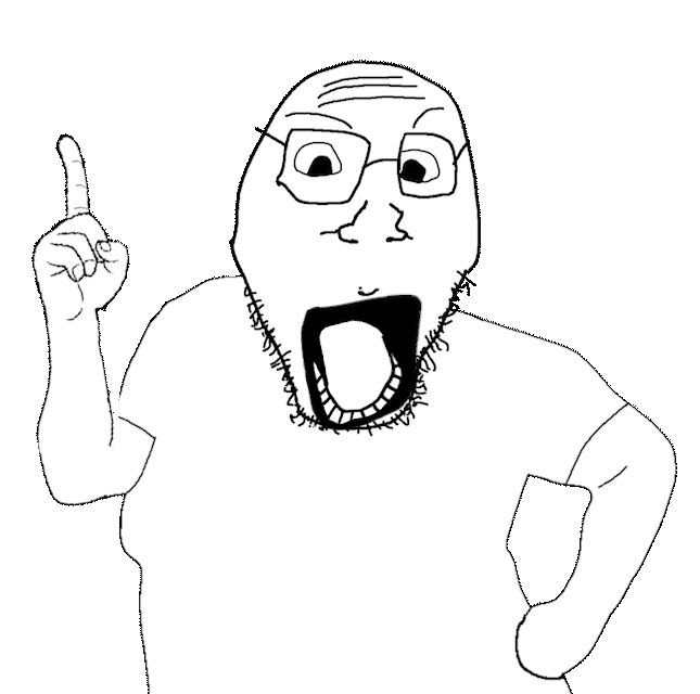 chinson, 1soyjak, angry, animated, black eyes, clothes, facial hair, finger wag, forehead lines, front view