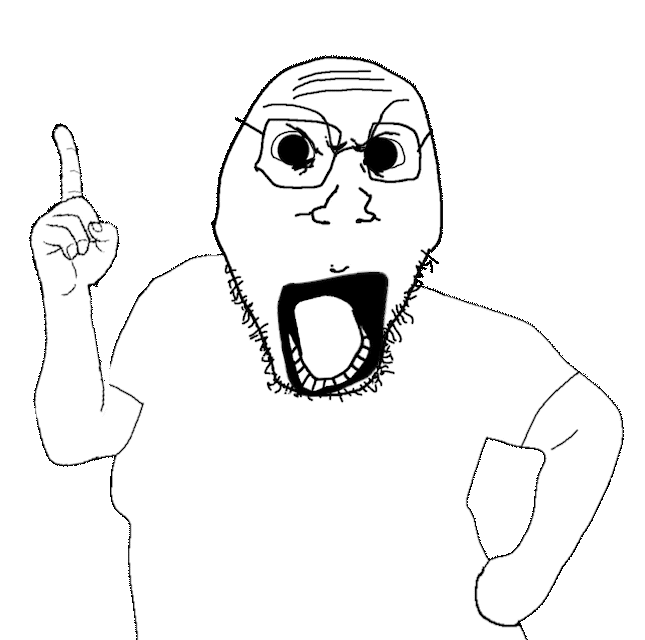 chinson, 1soyjak, angry, animated, clothes, facial hair, finger wag, forehead lines, front view, mad