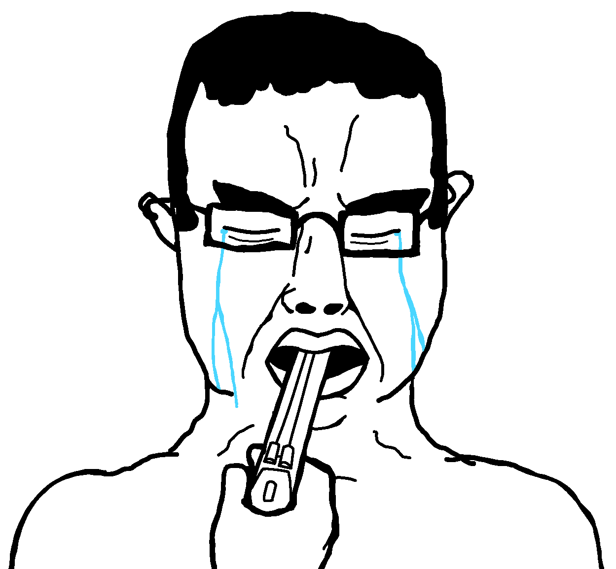 chudjak, chudjak front, 1soyjak, big lips, black hair, bushy eyebrows, closed eyes, depressed, front view, glasses