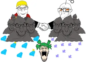 feraljak, markiplier soyjak, soyak, 4chan, anime, antenna, blonde hair, cleavage, closed mouth, clothes