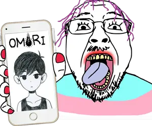 bernd, glasses, holding object, holding phone, iphone, open mouth, phone, soyjak, stubble, sunny (omori)