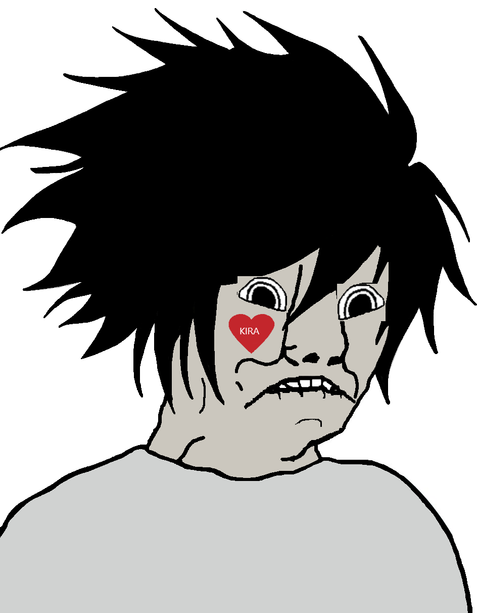 l lawliet, chudjak, 1soyjak, anime, black eyes, black hair, deranged, hair, half open mouth, lawliet (death note)