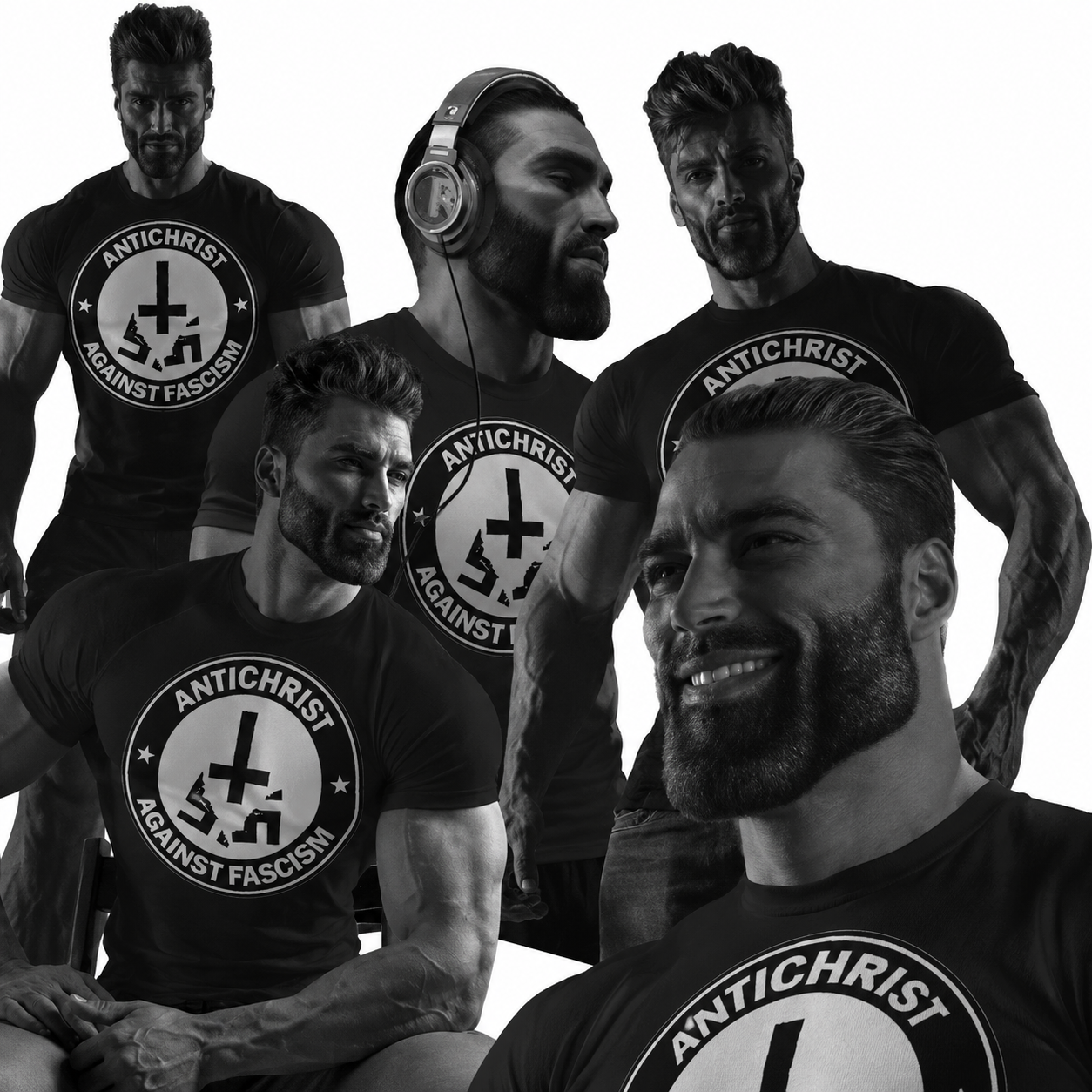 gigachad, antichrist, antichristian, beard, black hair, black shirt, buff, goth, group, hair