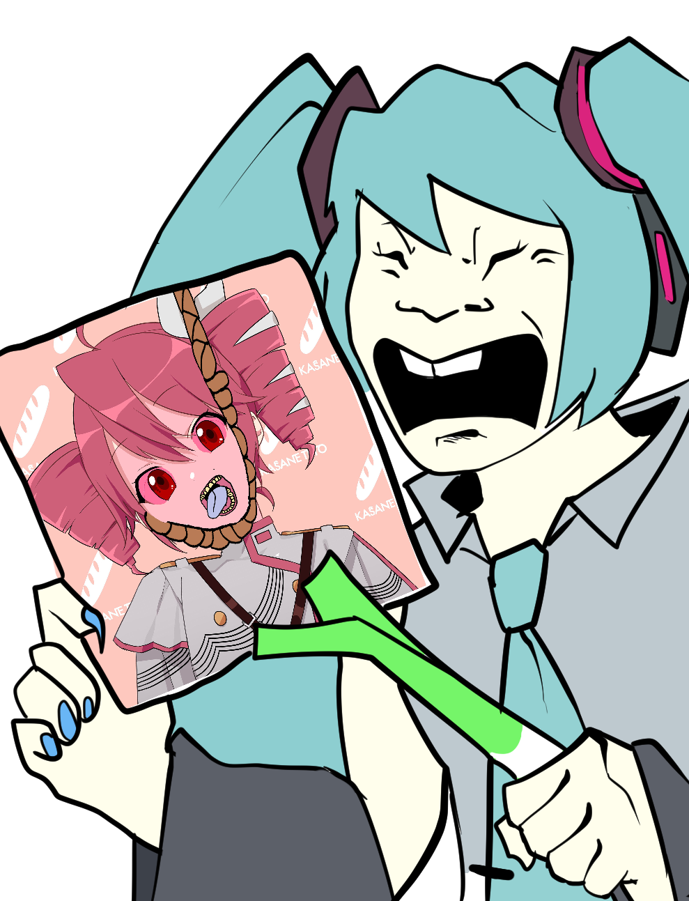 zeickou, hatsune miku, bernd, soykio kid, soykio girl, femjak, 2soyjaks, angry, blue hair, closed eyes