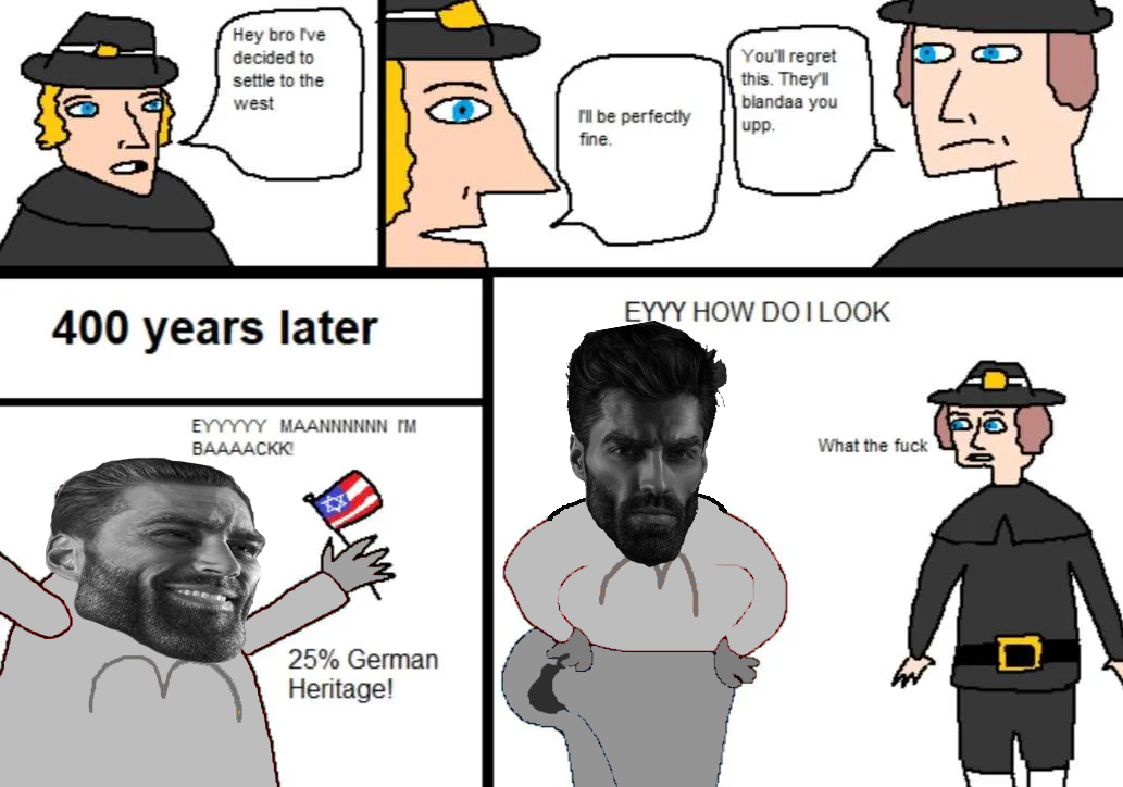 gigachad, gigachaded, 4chan, 4chan meme, black hair, blonde hair, blue eyes, clothes, colonialism, comic