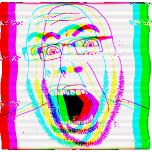 cobson, 1soyjak, animated, bald, blue background, excited, filter, front view, glasses, glitch