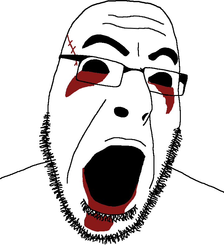 cobson, 1soyjak, blood, creepy, excited, eyebrows, forehead lines, front view, glasses, looking at you