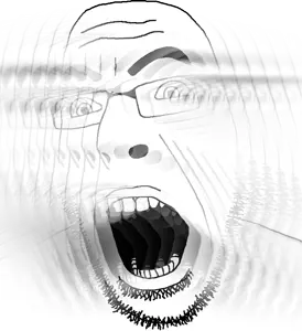 cobson, 1soyjak, bald, excited, glasses, monochrome, motion blur, open eyes, open mouth, portrait