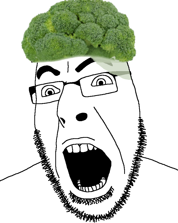 cobson, 1soyjak, broccoli, excited, food, forehead lines, front view, glasses, hair, looking at you