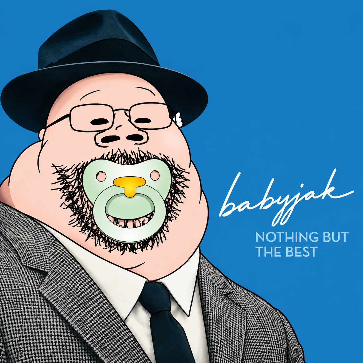 gapejak, babyjak, 1soyjak, bald, blue background, closed mouth, clothes, fat, frank sinatra, glasses