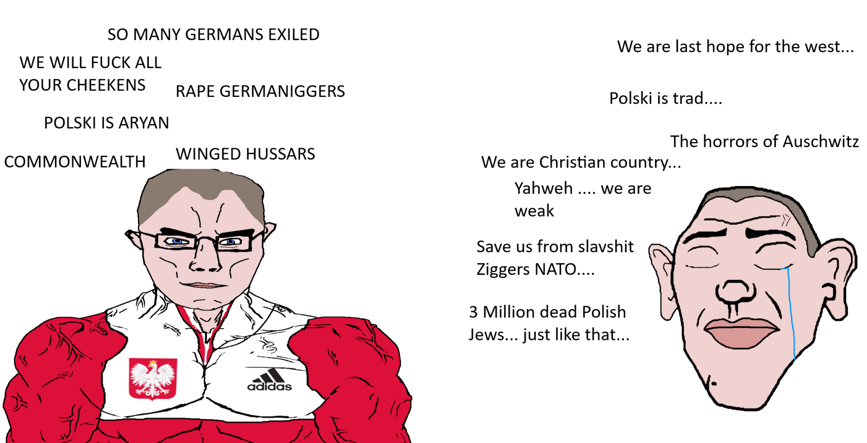 kurwa bobr, sheeeit, chudjak, chudjak front, muscular chud, 2soyjaks, adidas, bald, blue eyes, buff