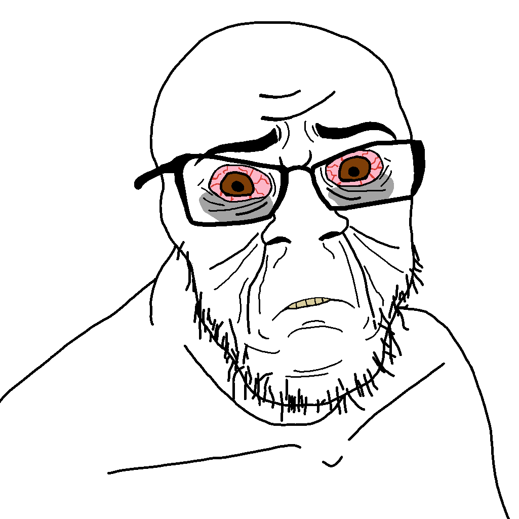 feraljak, 1soyjak, bald, biting lip, bloodshot eyes, brown eyes, closed mouth, ear, eyebags, glasses