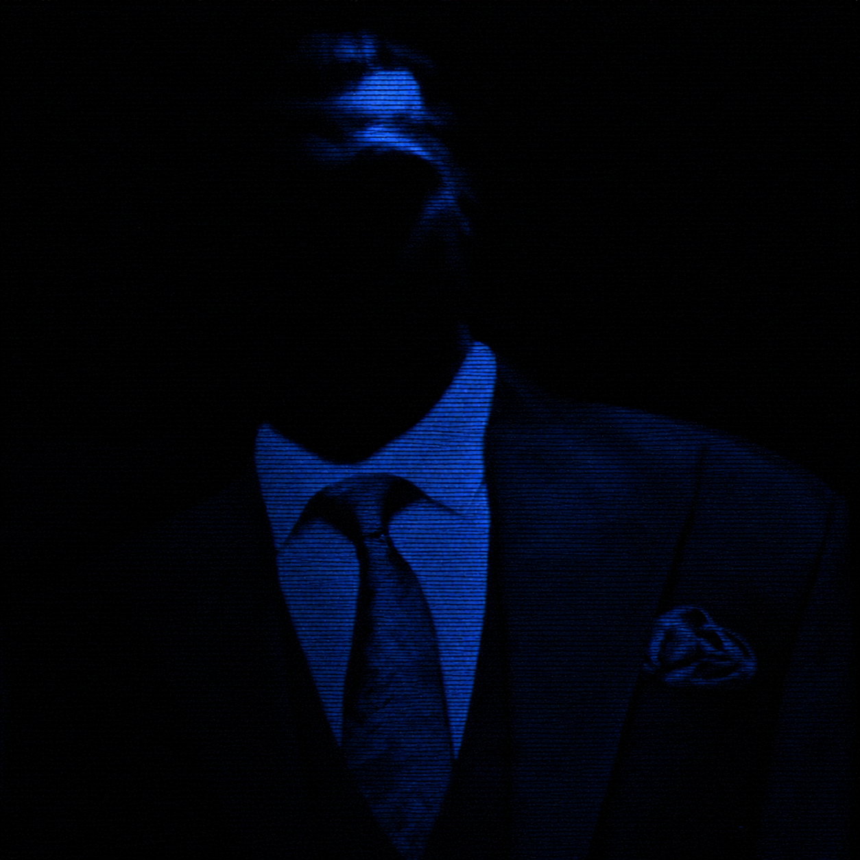 gigachad, nophono, black background, black hair, closed eyes, closed mouth, crt effect, front view, gray skin, hair
