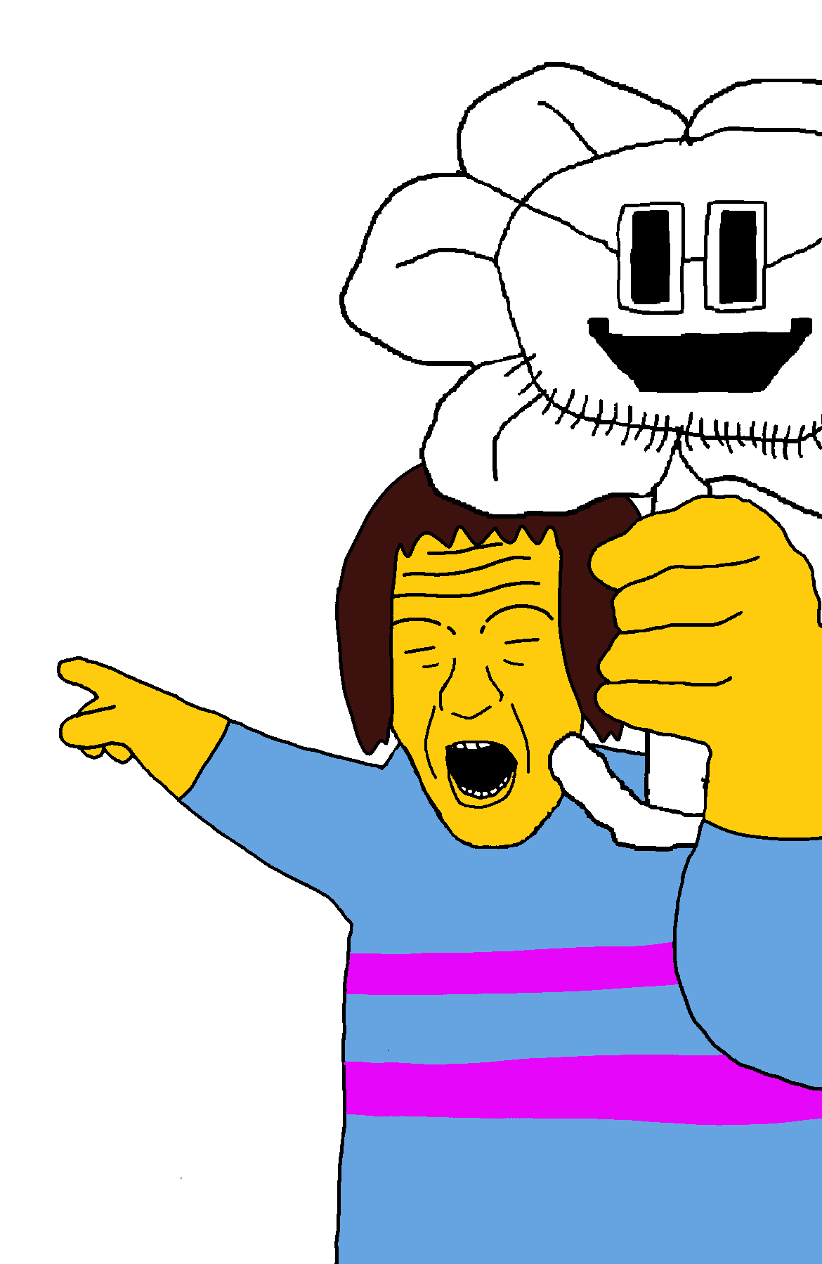 flowey, frisk, crabjak, floweyjak, 2soyjaks, angry, arm, black eyes, brown hair, closed eyes