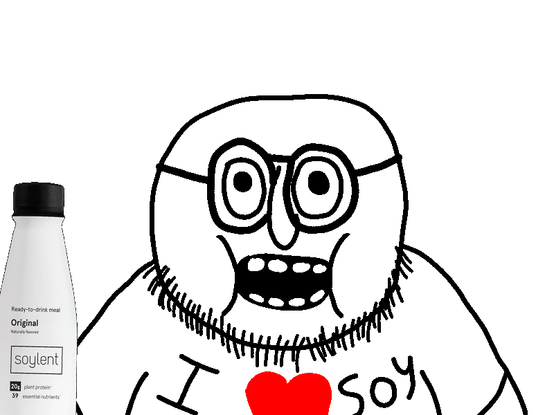 shoopjak, 1soyjak, bald, black eyes, bottle, drink, fat, front view, glasses, half body