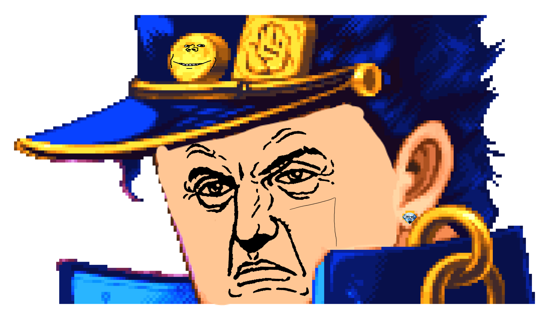 jotaro kujo, impish soyak ears, soyak, punisher face, 3soyjaks, angry, anime, arcade fc2, arcade game, black eyes