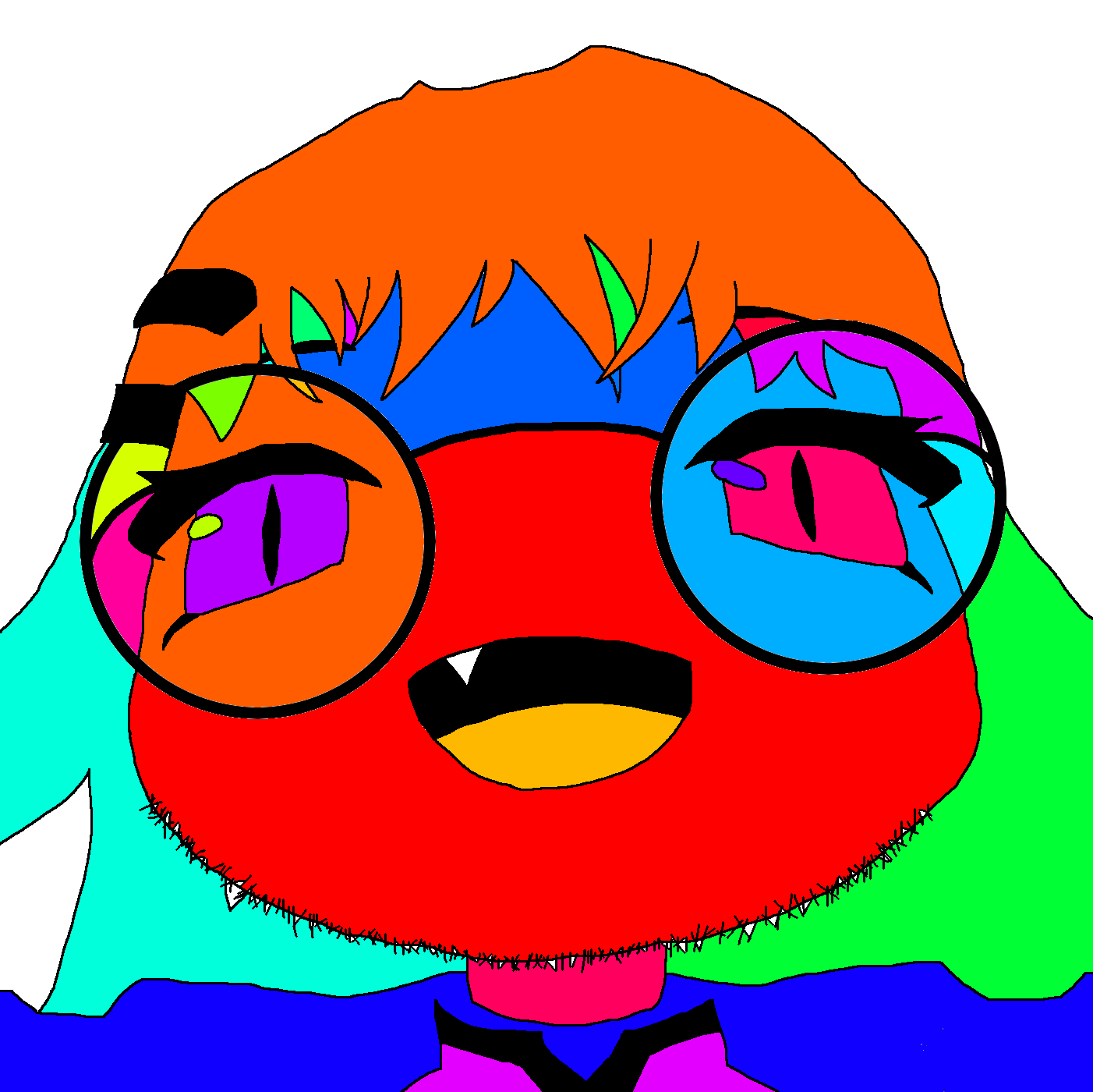 grinlet, colorjak, 1soyjak, beard, big eyes, colorful, colorful hair, eyebrows, front view, glasses
