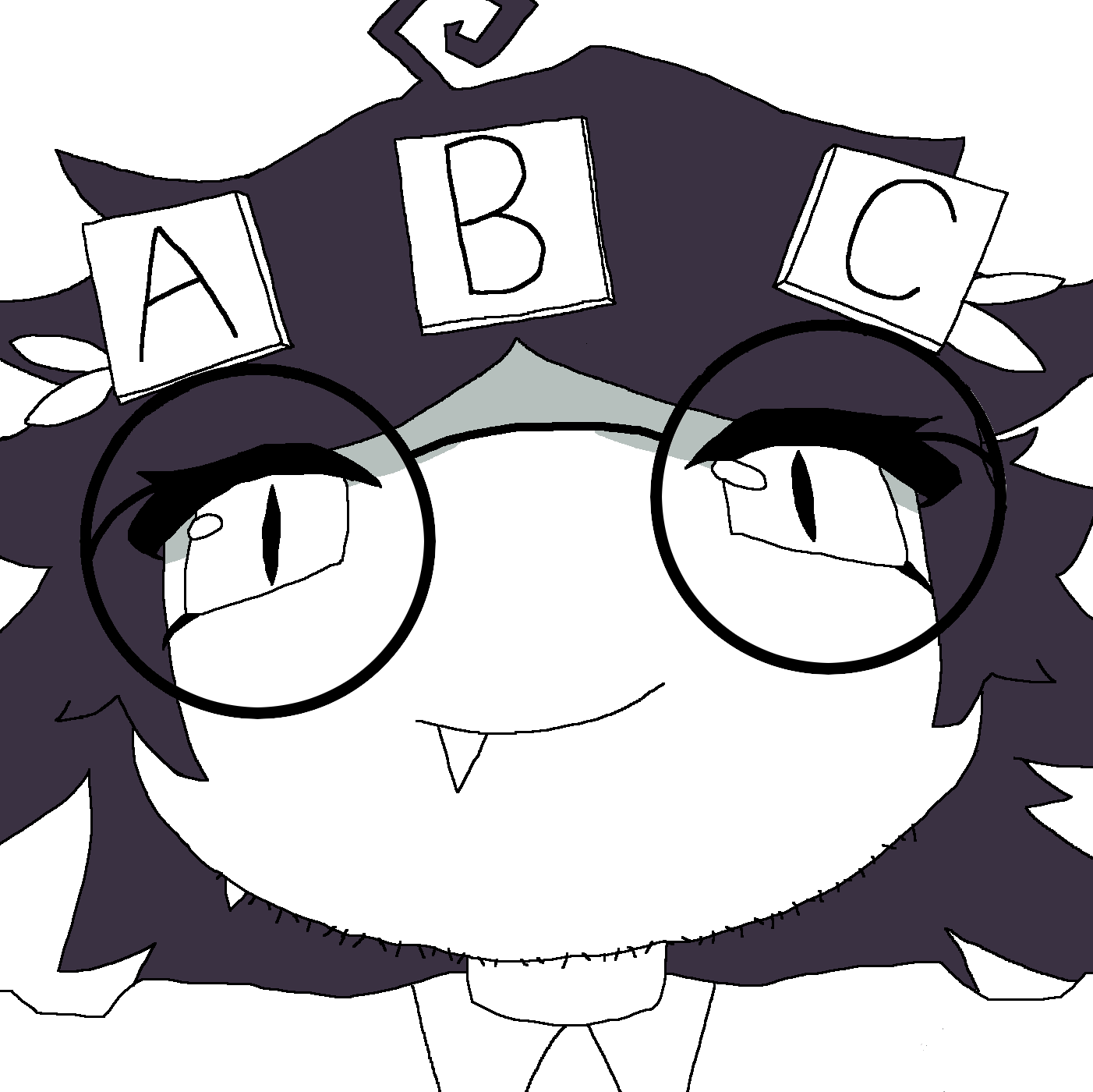 miss thavel, grinlet, 1soyjak, black hair, closed mouth, front view, glasses, hair, looking at you, open eyes