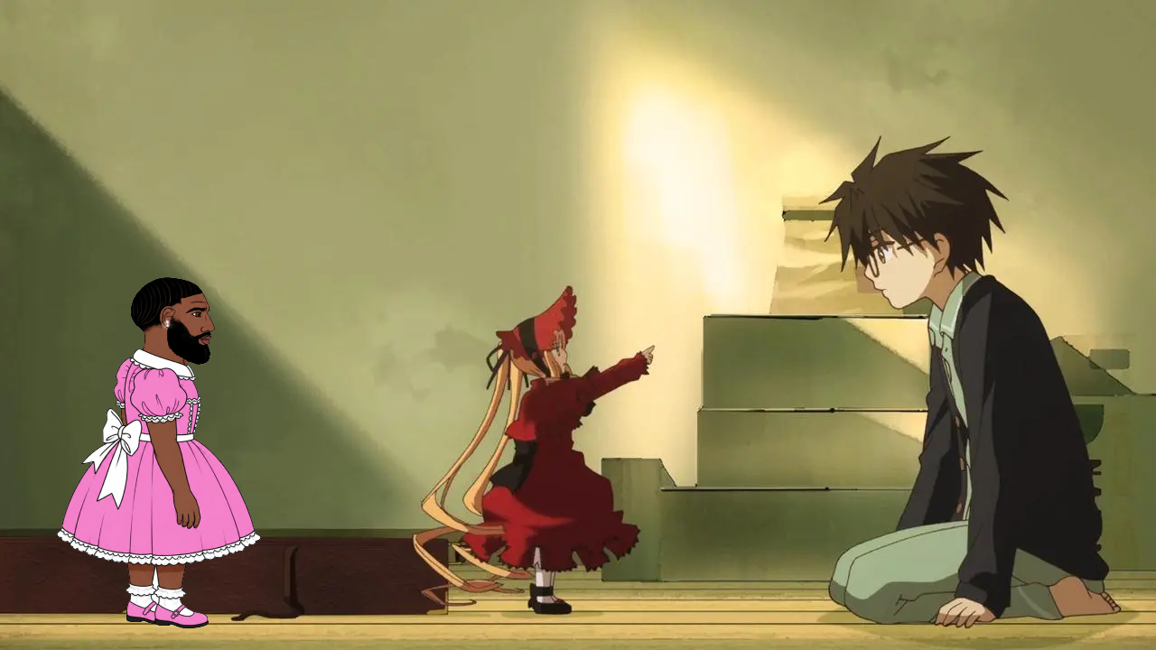 black tradcath, yes chad, 1girl, 1nas, 2boys, anime, beard, black hair, black skin, doll