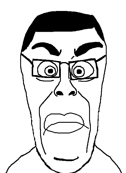 chudjak, cutejak, chuddified soyjaks, fusionjaks, 1soyjak, black hair, closed mouth, front view, glasses, hair