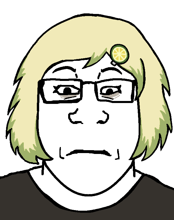 lemoone, markiplier soyjak, female markiplier, black eyes, blonde hair, bored, closed mouth, female, food, front view