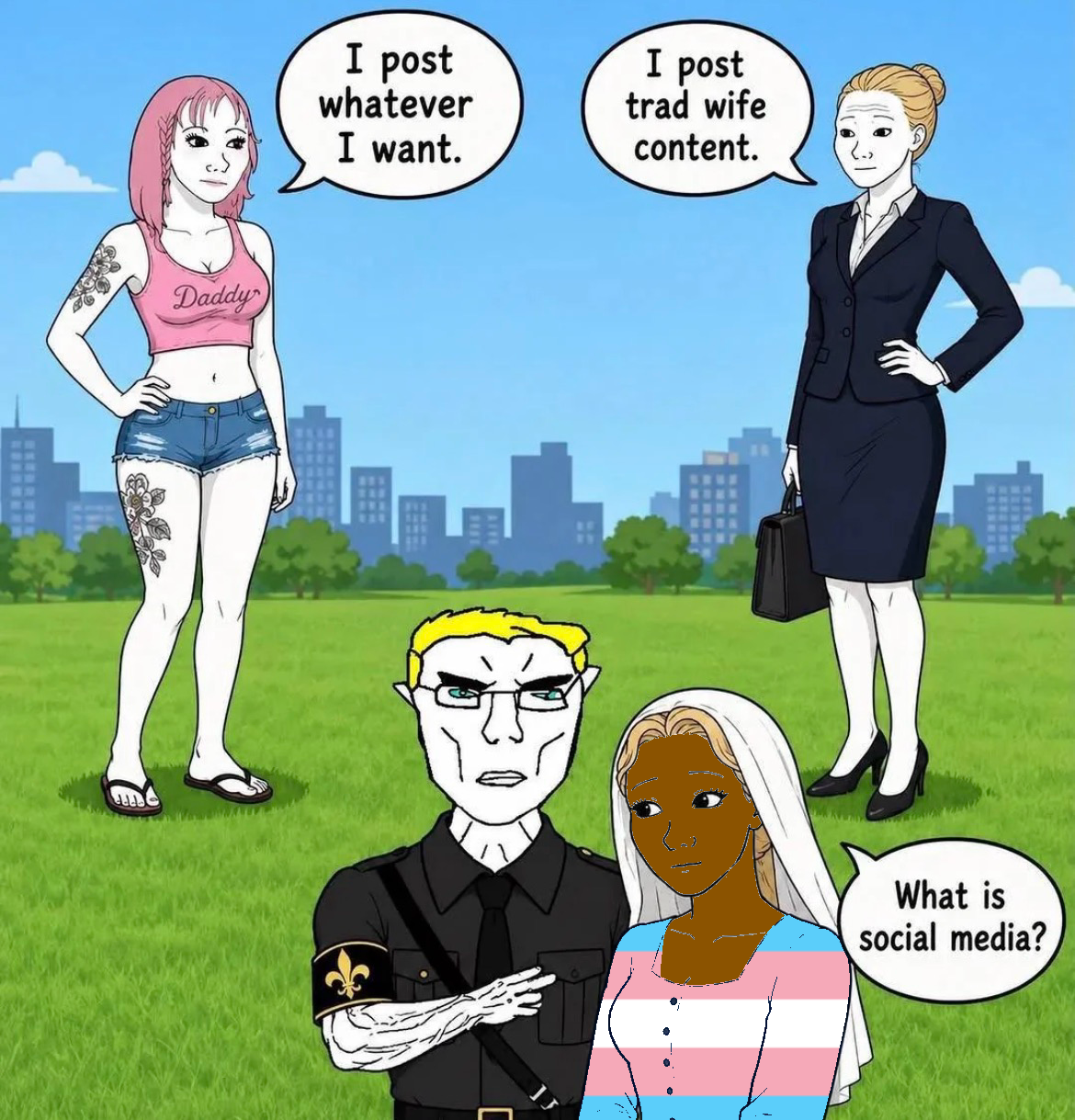 daddy's girl wojak, tradwife wojak, wojak, chudjak, pol face, unbotheredchud, aryan, it's based and christpilled, a10 eyes, background