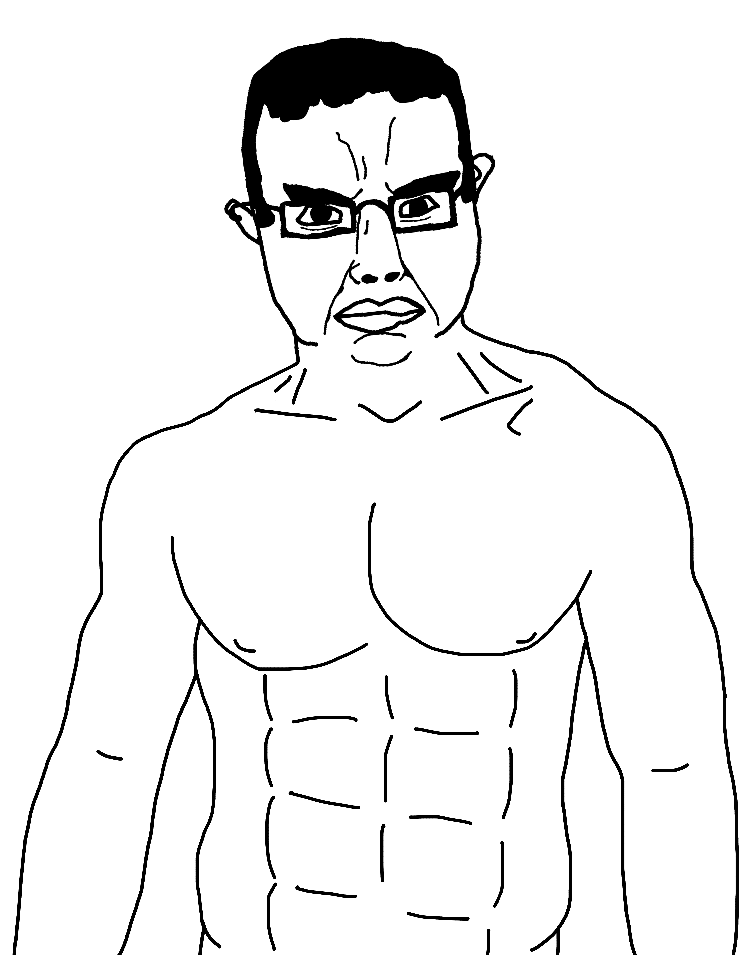 chudjak, chudjak front, 1soyjak, arm, black eyes, black hair, buff, chud, closed mouth, ear