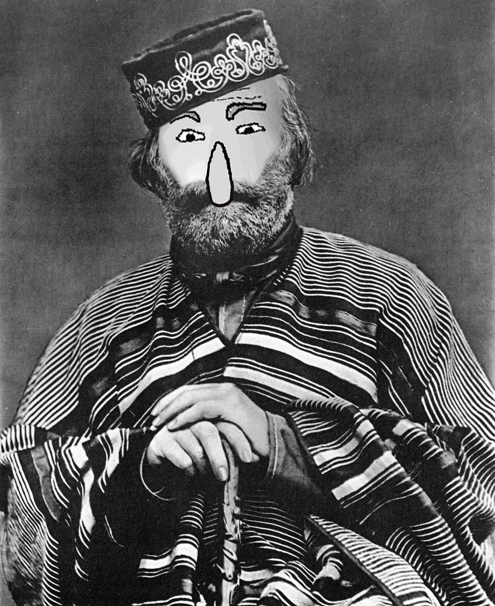baldi, markiplier soyjak, neutralplier, 1soyjak, beard, big nose, black and white, black eyes, clothes, fez