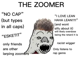 zoomer, open mouth, soyjak, teeth, text, zoomer, zoomer hair