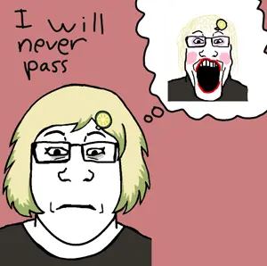 markiplier soyjak, blonde hair, female markiplier, hair, red background, text, thought bubble, tranny, lemoone