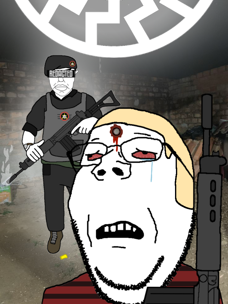 chudjak, gapejak, wholesome soyjak, armor, bleeding wound, blonde hair, blood, bope, brazil, favelado