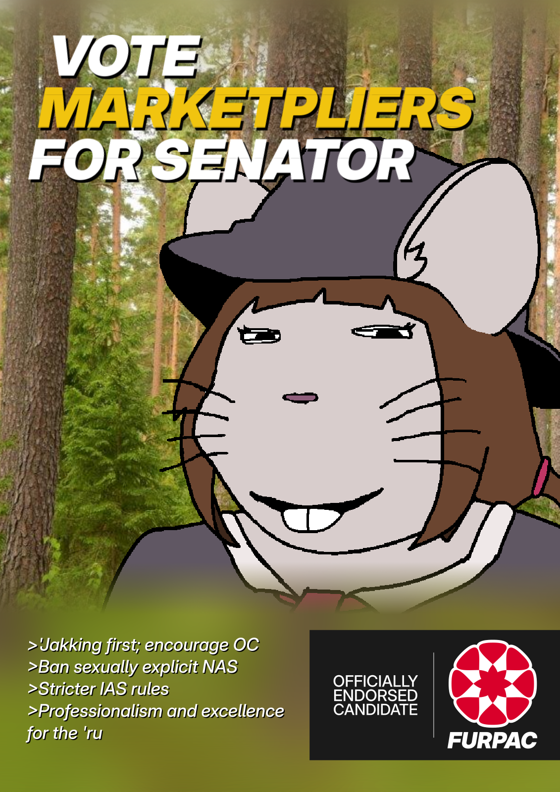 gapejak, massjak, massmeowjak, wholesome soyjak, literal who for senate, beige fur, brown hair, buck teeth, closed mouth, fishing hat